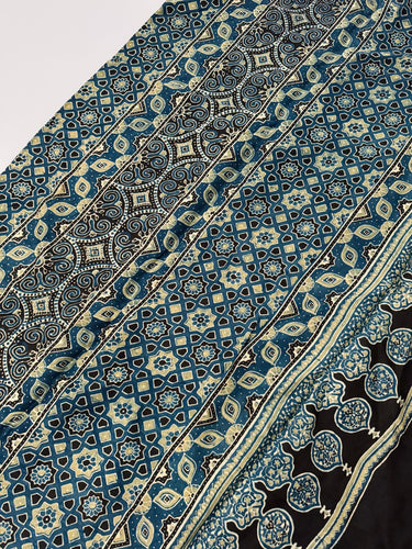 Ajrakh hand block printed modal silk saree | Blue & Green | Ships from California